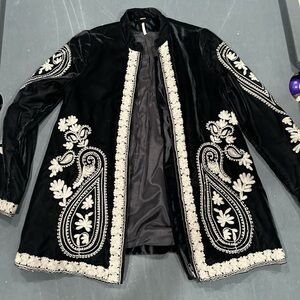 Free People Black and Cream Embroidered Trench Coat